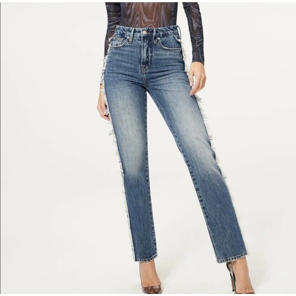 NWT Good American‎ Womens Good Boy Jeans Size 0/25 Side Fray Blue818 High Rise - Picture 1 of 12